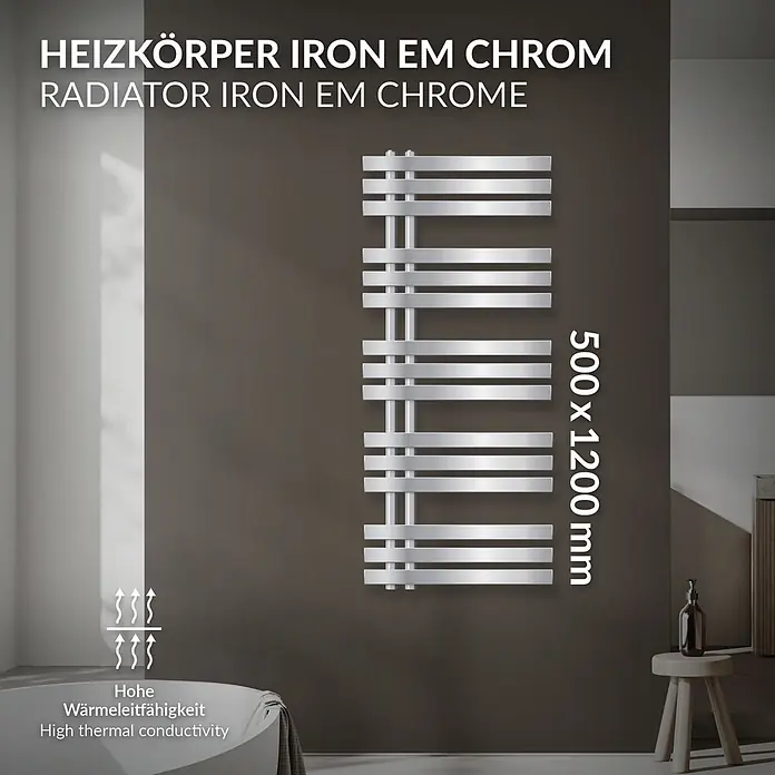 LuxeBath Badheizkörper Design Handtuchheizkörper Handtuchwärmer Mittelanschluss Radiator - B x H: 50 x 120 mm, Chrom - Verchromter Eisenheizkörper, 500x1200 mm, mit hoher Wärmeleitfähigkeit, in modernem Badezimmer.