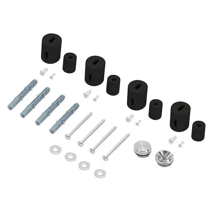 LuxeBath Badheizkörper Montagematerial Paneelheizkörper Halter Set Zubehör für Handtuchwärmer - B x H: 2 x 2 mm, Schwarz - Montageset mit schwarzen Distanzstücken, grauen Dübeln, silbernen Schrauben, Unterlegscheiben und Endkappen.