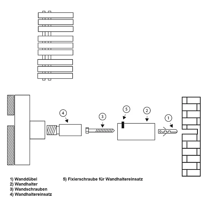 LuxeBath Badheizkörper Montagematerial Paneelheizkörper Halter Set Zubehör für Handtuchwärmer - B x H: 2 x 2 mm, Weiß - Explosionszeichnung eines Wandbefestigungssystems mit Dübel, Halter, Schrauben und Einsatz zur Wandmontage.