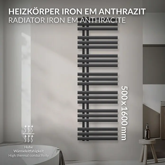 LuxeBath Badheizkörper Design Handtuchheizkörper Handtuchwärmer Mittelanschluss Radiator - B x H: 50 x 160 mm, Anthrazit - Anthrazitfarbener Heizkörper IRON EM, 500x1600 mm, an einer Badezimmerwand, mit hoher Wärmeleitfähigkeit.