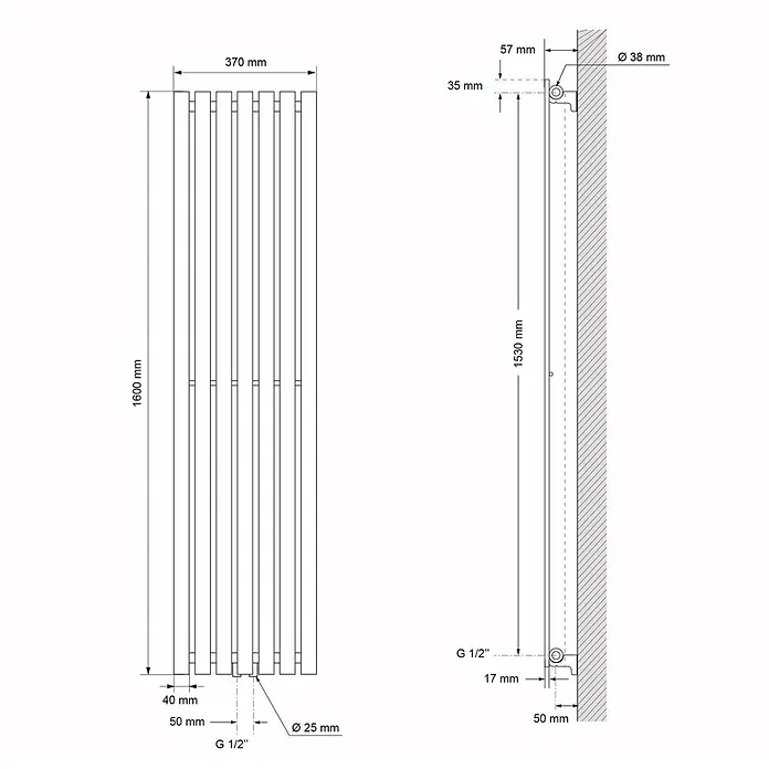 LuxeBath Badheizkörper Design Handtuchheizkörper Handtuchwärmer Mittelanschluss Radiator - B x H: 37 x 160 mm, Weiß - Technische Zeichnung eines vertikalen Plattenheizkörpers, 1600x370mm, mit Abmessungen, Wandmontage und G 1/2" Anschlüssen.