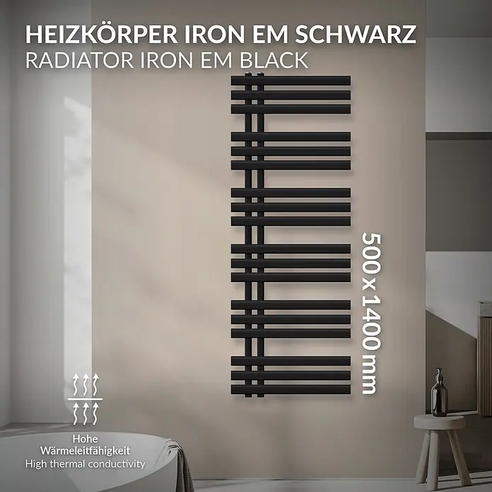 Badheizkörper Iron EM 500x1400 Schwarz -  - Schwarzer Eisen-Heizkörper, 500x1400mm, an der Wand im Bad. Hohe Wärmeleitfähigkeit.