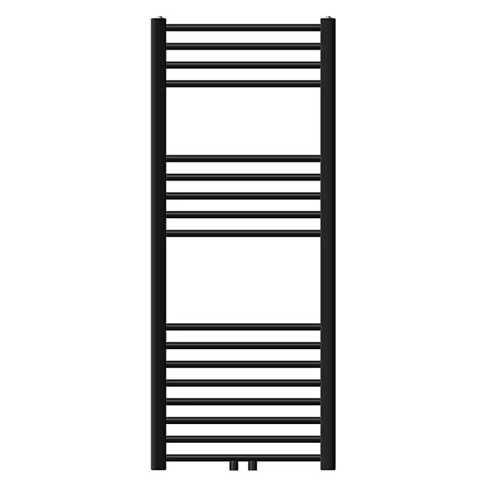 LuxeBath Badheizkörper Designheizkörper Sahara Handtuchwärmer Handtuchtrockner - B x H: 50 x 120 mm, Schwarz - Schwarzer Handtuchheizkörper mit mehreren horizontalen Stangen.