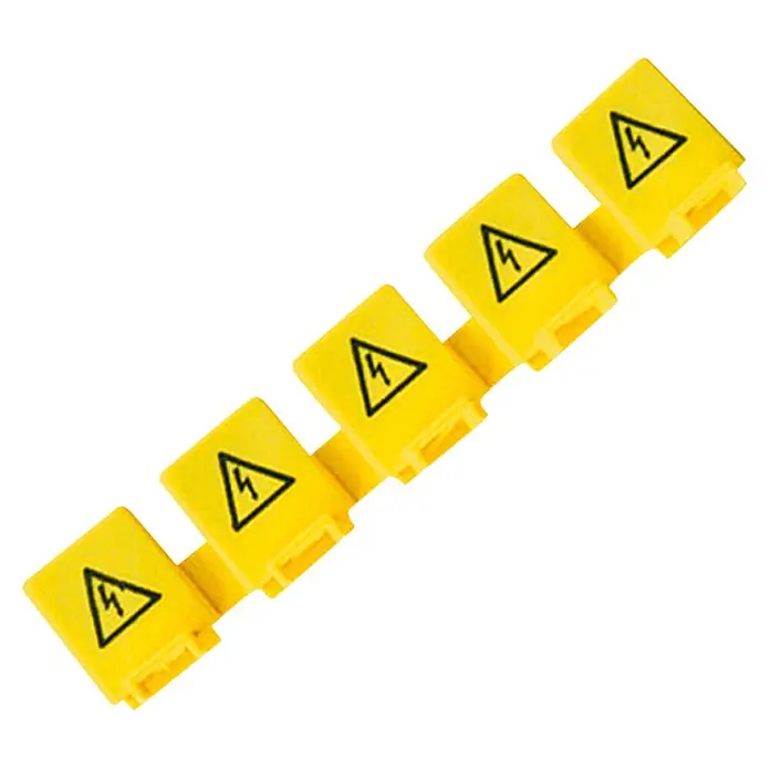 Pollmann Berührungsschutzkappen - 5 Stk. - Reihe gelber Warnschilder mit Blitzsymbol, die auf potenzielle Stromschlaggefahr hinweisen. Ideal für Elektriker und sichere Arbeitsumgebungen.