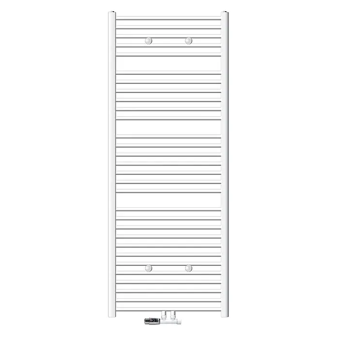 LuxeBath Badheizkörper Handtuchwärmer Mittelanschluss gerade mit Eckform Thermostatventil - B x H: 75 x 180 cm, Weiß - Weißer Handtuchheizkörper mit horizontalen Stangen und elektrischem Heizelement.