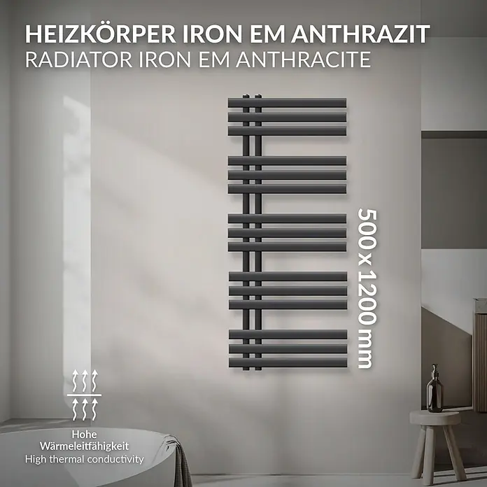 LuxeBath Badheizkörper Handtuchheizkörper Handtuchwärmer Mittelanschluss 500x1200 mm Anthrazit - B x H: 50 x 120 mm, Anthrazit - Anthrazitfarbener Eisenheizkörper (500x1200mm) mit hoher Wärmeleitfähigkeit, in einem modernen Bad installiert.