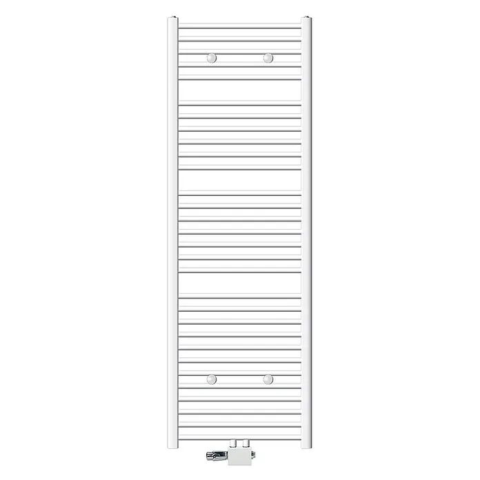 LuxeBath Badheizkörper Handtuchwärmer Mittelanschluss gerade mit Universal Thermostatventil - B x H: 60 x 180 mm, Weiß - Weißer Handtuchheizkörper mit horizontalen Stäben, vier runden Halterungen und unterem Ventilanschluss zum Heizen.