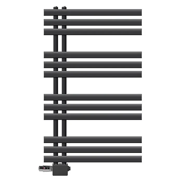 LuxeBath Badheizkörper Handtuchheizkörper Handtuchwärmer mit Universal Thermostatventil - B x H: 60 x 100 mm, Anthrazit - Anthrazitfarbener Handtuchheizkörper im Leiterdesign mit horizontalen Stangen und einem unteren Thermostatventil.