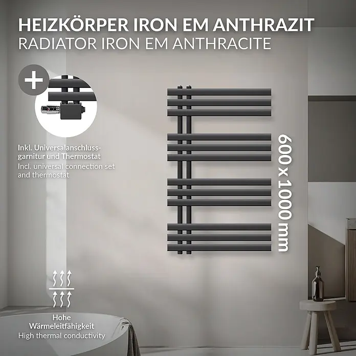 LuxeBath Badheizkörper Handtuchheizkörper Handtuchwärmer mit Universal Thermostatventil - B x H: 60 x 100 mm, Anthrazit - Anthrazitfarbener Eisenheizkörper (600x1000mm) mit Universalanschlussgarnitur und Thermostat, an einer Badezimmerwand.