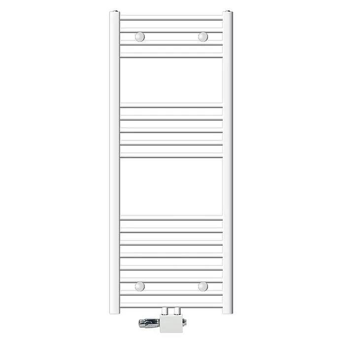 LuxeBath Badheizkörper Handtuchwärmer Mittelanschluss gebogen mit Universal Thermostatventil - B x H: 50 x 120 mm, Weiß - Weißer Handtuchheizkörper aus Metall.
