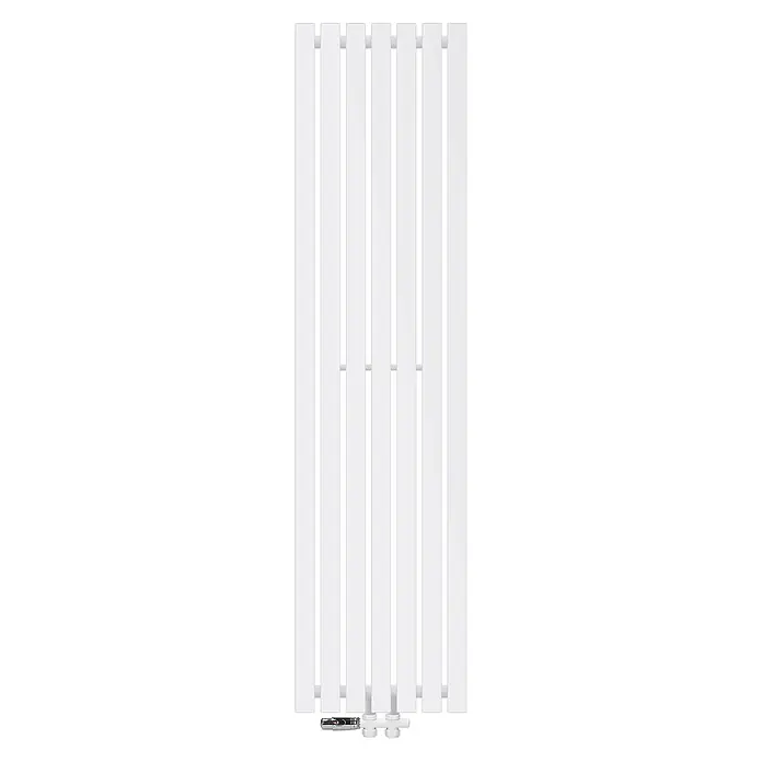 LuxeBath Badheizkörper Paneelheizkörper Handtuchwärmer mit Durchgangsform Thermostatventil - B x H: 37 x 140 mm, Weiß - Weißer vertikaler Flachheizkörper mit Bodenanschluss und Thermostatventil.