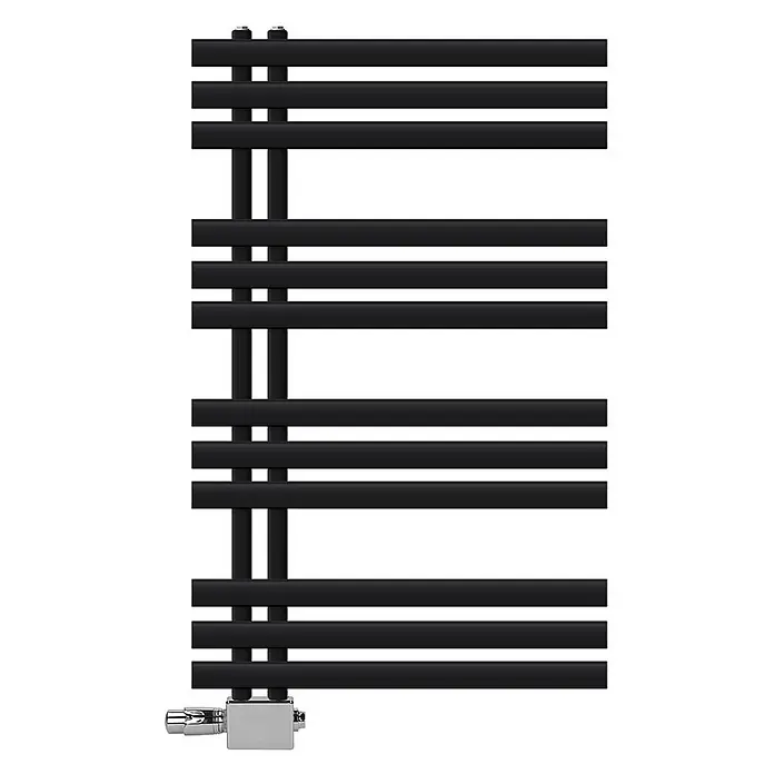 LuxeBath Badheizkörper Handtuchheizkörper Handtuchwärmer mit Universal Thermostatventil - B x H: 600 x 1.000 mm, Schwarz - Schwarzer Handtuchheizkörper mit horizontalen Stangen und vertikalen Rohren, mit Chromventil.