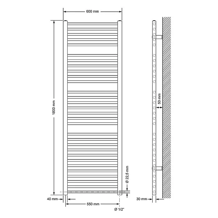 ECD Germany Elektro-Badheizkörper Designheizkörper Sahara Handtuchtrockner Handtuchheizkörper - B x H: 60 x 180 cm - Technisches Datenblatt eines wandmontierten Handtuchheizkörpers, 1800mm hoch und 600mm breit, mit Maßen und Montagedetails.