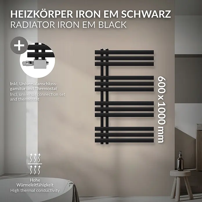 LuxeBath Badheizkörper Handtuchheizkörper Handtuchwärmer mit Universal Thermostatventil - B x H: 600 x 1.000 mm, Schwarz - Schwarzer Heizkörper Iron EM, 600x1000mm, mit Universalanschluss-Set und Thermostat. Hohe Wärmeleitfähigkeit.