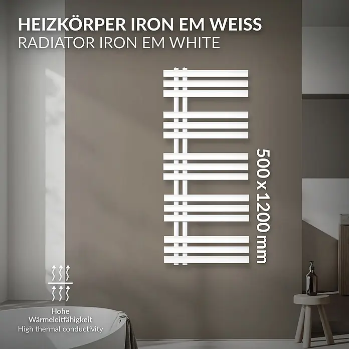 LuxeBath Badheizkörper Handtuchheizkörper Handtuchwärmer Mittelanschluss 500x1200 mm Weiß - B x H: 50 x 120 mm, Anthrazit - Weißer Eisenheizkörper (500x1200 mm) mit hoher Wärmeleitfähigkeit, an der Wand montiert.