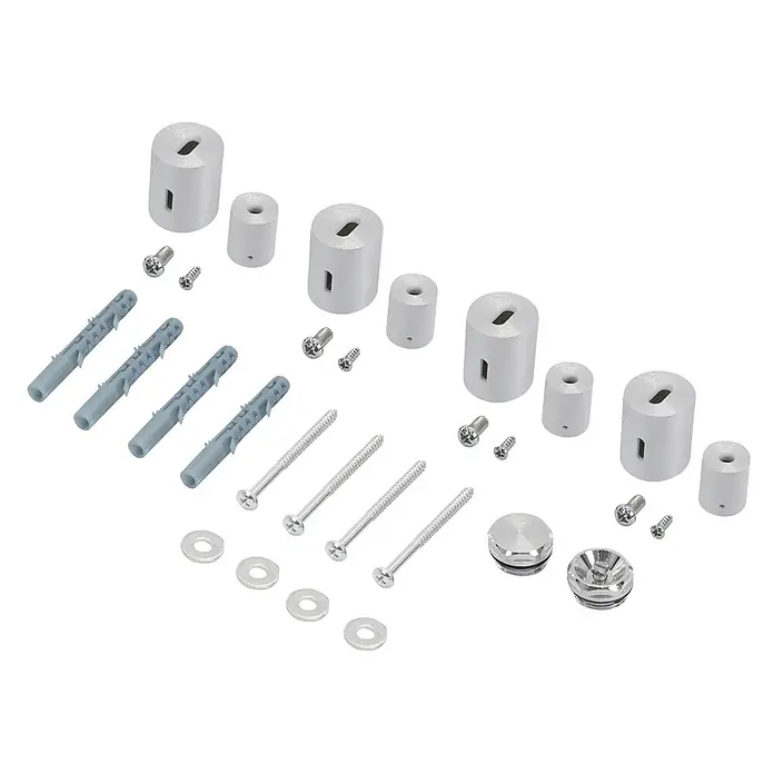 LuxeBath Badheizkörper Montagematerial Paneelheizkörper Halter Set Zubehör für Handtuchwärmer - B x H: 2 x 2 mm, Chrom - Montagezubehör-Kit aus silbernem Metall und grauem Kunststoff mit Abstandshaltern, Schrauben, Dübeln und Unterlegscheiben für Platten oder Schilder.