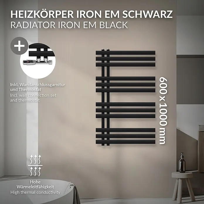 LuxeBath Badheizkörper Design Handtuchheizkörper Handtuchwärmer mit Eckform Thermostatventil - B x H: 60 x 100 mm, Schwarz - Schwarzer IRON EM Heizkörper (600x1000mm) mit Wandanschluss-Set & Thermostat, hoher Wärmeleitfähigkeit, in modernem Bad.