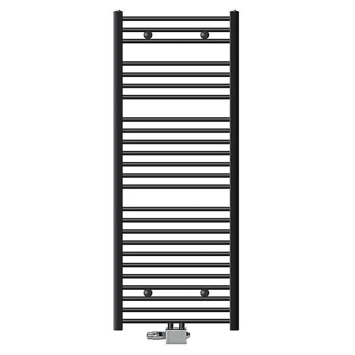 LuxeBath Badheizkörper Handtuchwärmer Mittelanschluss gerade mit Universal Thermostatventil - B x H: 60 x 150 mm, Anthrazit - Schwarzer rechteckiger Handtuchheizkörper mit horizontalen Stangen und einem Chrom-Heizelement unten.