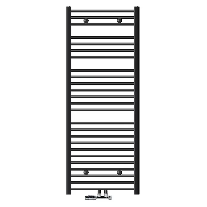LuxeBath Badheizkörper Handtuchwärmer Mittelanschluss gerade mit Eckform Thermostatventil - B x H: 60 x 150 mm, Anthrazit - Schwarzer beheizter Handtuchhalter mit Querstreben, vier Kugelhaltern und verchromten Ventilen unten.