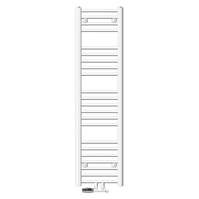 LuxeBath Badheizkörper Handtuchwärmer Mittelanschluss gerade mit Eckform Thermostatventil - B x H: 30 x 140 cm, Weiß - Weißer Handtuchheizkörper im Leiterdesign mit Querstreben und unten montierten Ventilen.