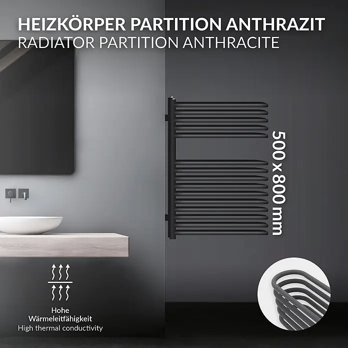 LuxeBath Badheizkörper Design Heizkörper Handtuchtrockner Badezimmer Heizung für Handtücher - B x H: 50 x 80 mm, Anthrazit - Anthrazit Heizkörper-Trennwand (500x800mm) im Badezimmer, betont hohe Wärmeleitfähigkeit.