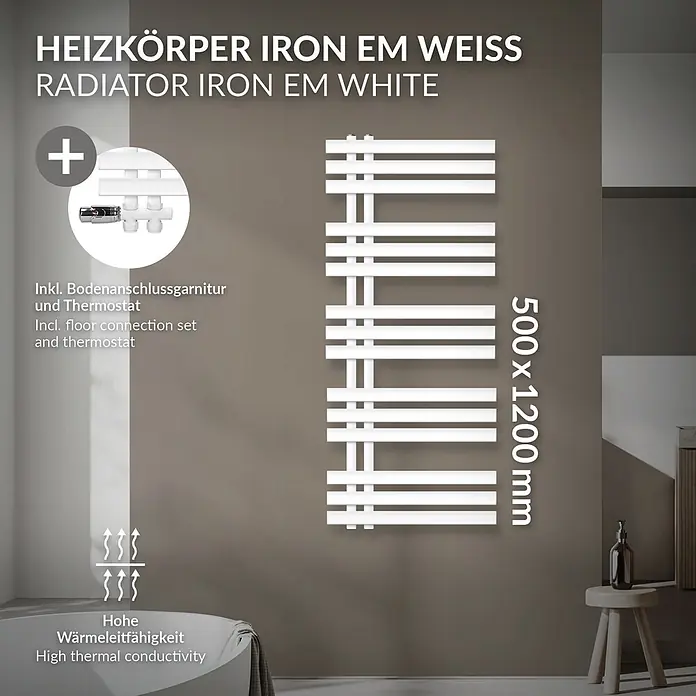LuxeBath Badheizkörper Handtuchheizkörper Handtuchwärmer mit Durchgangsform Thermostatventil - B x H: 50 x 120 mm, Weiß - Weißer Heizkörper Iron EM (500x1200mm) an der Wand im Bad, inkl. Bodenanschlussgarnitur und Thermostat für hohe Wärmeleitfähigkeit.