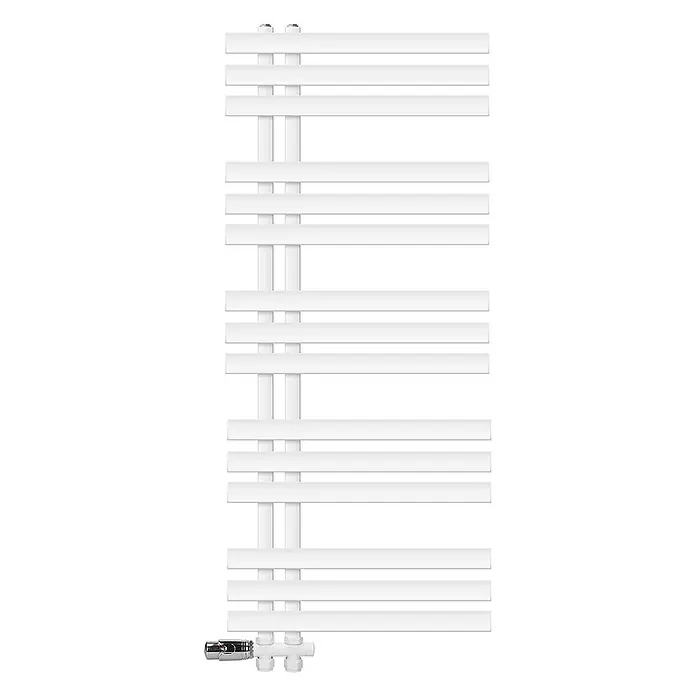 LuxeBath Badheizkörper Handtuchheizkörper Handtuchwärmer mit Durchgangsform Thermostatventil - B x H: 50 x 120 mm, Weiß - Weißer Flachbalken-Handtuchheizkörper mit Bodenventil.