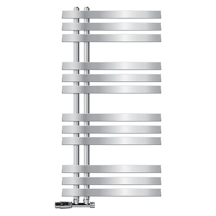 LuxeBath Badheizkörper Design Handtuchheizkörper Handtuchwärmer mit Eckform Thermostatventil - B x H: 50 x 100 mm, Chrom - Moderner silberner Handtuchheizkörper mit flachen horizontalen Stangen und zwei vertikalen Rohren, mit Chromventilen.