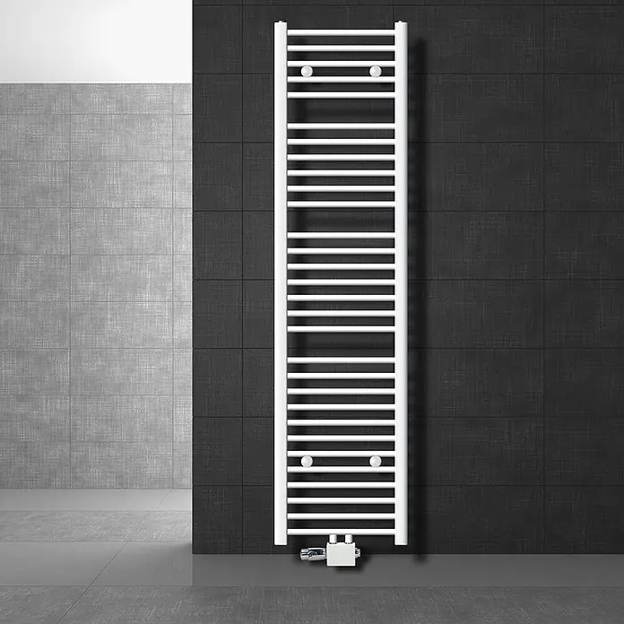 LuxeBath Badheizkörper Handtuchwärmer Mittelanschluss gebogen mit Universal Thermostatventil - B x H: 40 x 180 mm, Weiß - Weißer vertikaler Handtuchwärmer mit zahlreichen Querstreben, zur Wandmontage für Heizung und Trocknung.