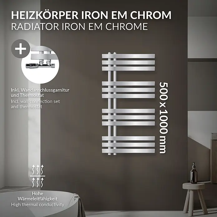 LuxeBath Badheizkörper Design Handtuchheizkörper Handtuchwärmer mit Eckform Thermostatventil - B x H: 50 x 100 mm, Chrom - Chrom Heizkörper 500x1000 mm mit hoher Wärmeleitfähigkeit, inkl. Wandanschlussgarnitur und Thermostat.