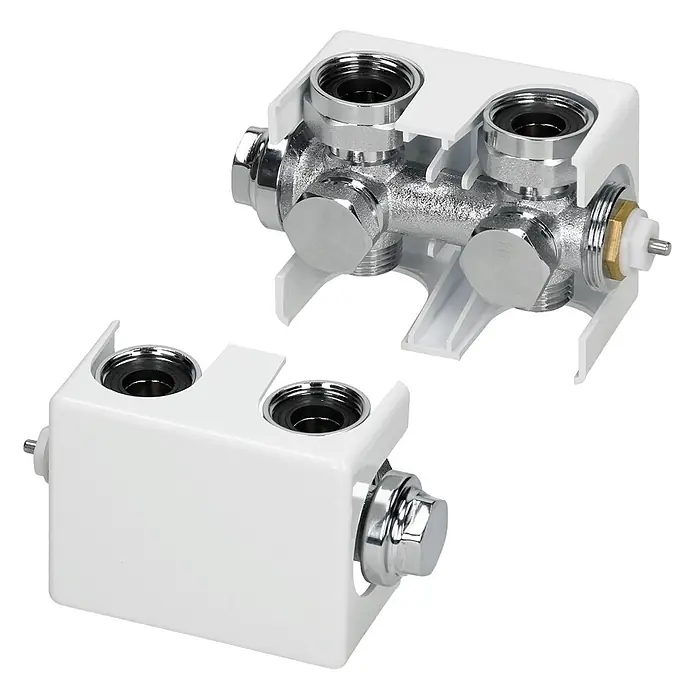 LuxeBath Badheizkörper Handtuchwärmer Mittelanschluss gebogen mit Universal Thermostatventil - B x H: 40 x 180 mm, Weiß - Weiße Kunststoffabdeckung für einen verchromten Sanitärverteiler, mit sichtbaren internen Anschlüssen.