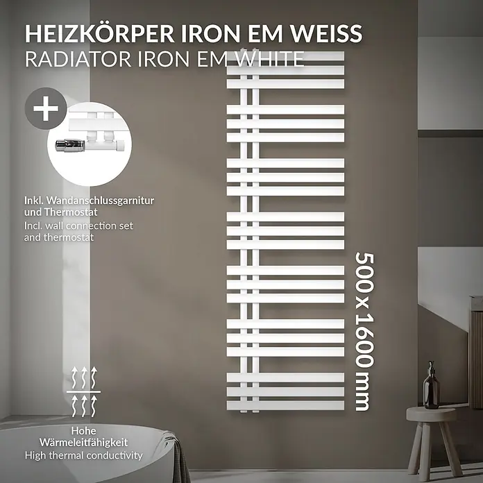 LuxeBath Badheizkörper Design Handtuchheizkörper Handtuchwärmer mit Eckform Thermostatventil - B x H: 50 x 160 cm, Weiß - Weißer, moderner Heizkörper (500x1600mm) mit hoher Wärmeleitfähigkeit, inkl. Wandanschlussgarnitur und Thermostat.