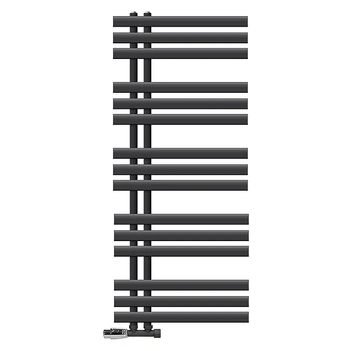 LuxeBath Badheizkörper Design Handtuchheizkörper Handtuchwärmer mit Eckform Thermostatventil - B x H: 50 x 120 mm, Anthrazit - Dunkelgrauer moderner Handtuchheizkörper mit horizontalen Stangen und Thermostatventil unten.