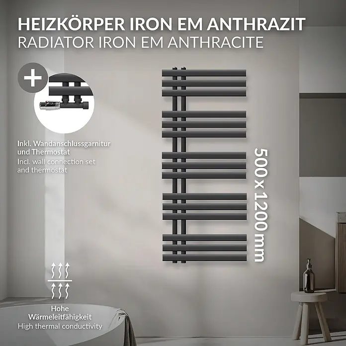 LuxeBath Badheizkörper Design Handtuchheizkörper Handtuchwärmer mit Eckform Thermostatventil - B x H: 50 x 120 mm, Anthrazit - Anthrazit-Heizkörper (500x1200mm) aus Eisen mit hoher Wärmeleitfähigkeit, inkl. Wandanschlussgarnitur und Thermostat, in einem modernen Bad.