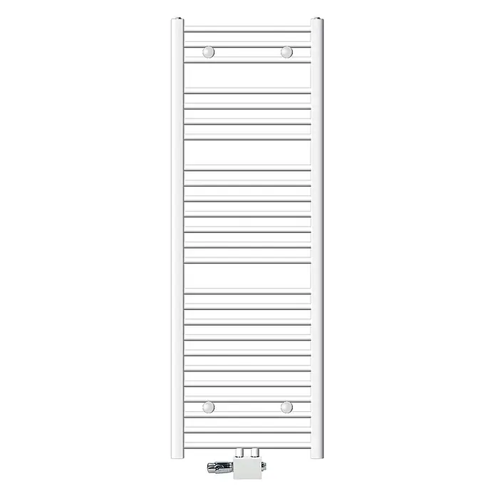 LuxeBath Badheizkörper Handtuchwärmer Mittelanschluss gerade mit Universal Thermostatventil - B x H: 50 x 150 mm, Weiß - Weißer vertikaler Handtuchheizkörper mit horizontalen Sprossen und Bodenanschlussventil.