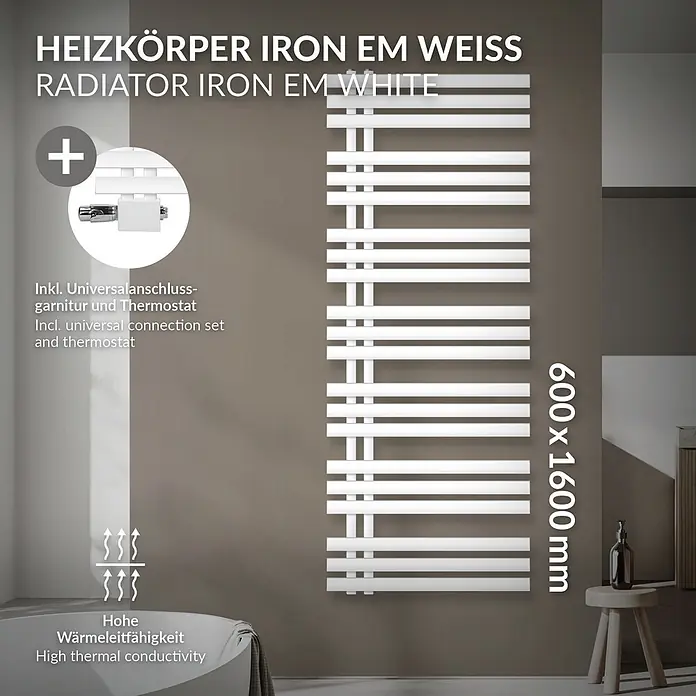 LuxeBath Badheizkörper Handtuchheizkörper Handtuchwärmer mit Universal Thermostatventil - B x H: 60 x 160 mm, Weiß - Weißer Heizkörper Iron EM (600x1600 mm) mit Universalanschlussgarnitur und Thermostat, hoher Wärmeleitfähigkeit, im Badezimmer.