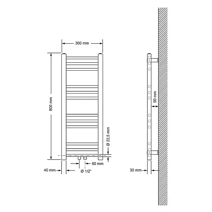 LuxeBath Badheizkörper Design Handtuchheizkörper Handtuchwärmer Mittelanschluss gerade 200 W - B x H: 30 x 80 mm, Anthrazit - Technische Zeichnung eines wandmontierten Handtuchwärmer-Heizkörpers.