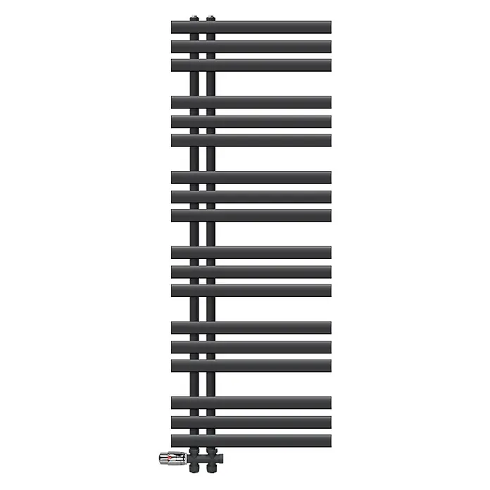 Badheizkörper 50x140cm Anthrazit Seitenanschluss mit Ventil Durchgang -  - Dunkelgrauer moderner vertikaler Röhrenheizkörper mit horizontalen Stäben und integrierten Ventilen.