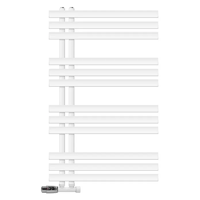 LuxeBath Badheizkörper Design Handtuchheizkörper Handtuchwärmer mit Eckform Thermostatventil - B x H: 600 x 1.000 mm, Weiß - Weißer Handtuchheizkörper mit flachen Horizontalstangen, vertikalen Kollektoren und Chromventil.