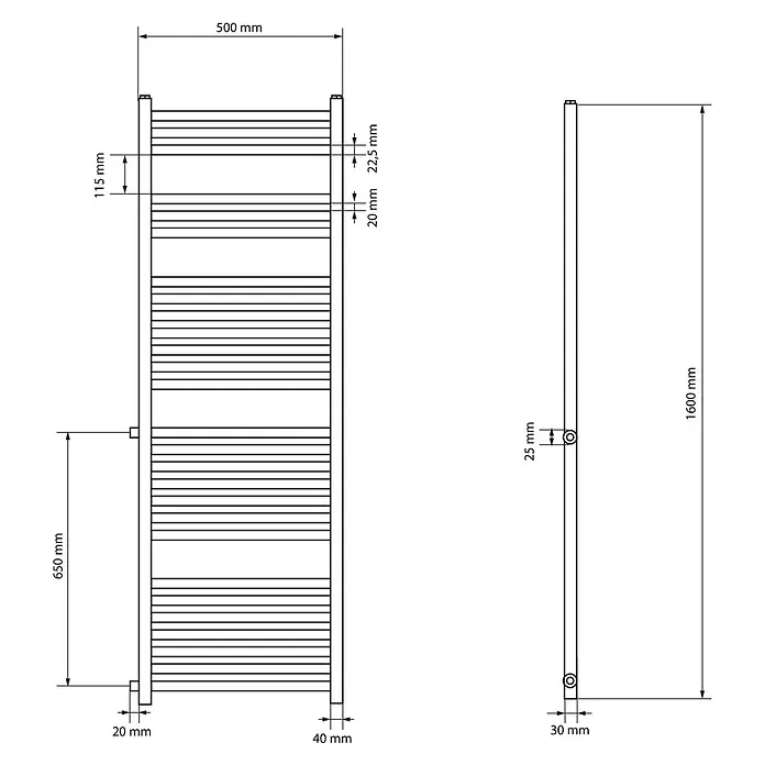LuxeBath Badheizkörper Sahara Renovierungsheizkörper Austausch Design Handtuchtrockner Weiß - B x H: 50 x 160 mm, Weiß - Technische Zeichnung eines rechteckigen Handtuchheizkörpers mit detaillierten Maßen für Höhe, Breite und Stangenabstand.