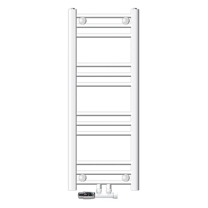 Badheizkörper 300x800mm Weiß gerade Mittel mit Ventil Eckform -  - Weißer Handtuchheizkörper im Leiterdesign mit horizontalen Stangen und Ventil.