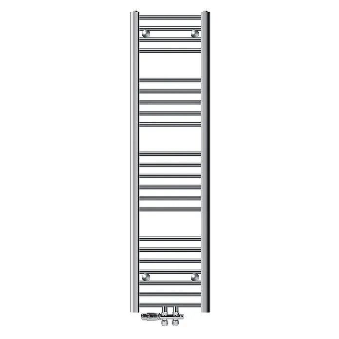 LuxeBath Badheizkörper Handtuchwärmer Mittelanschluss gerade mit Boden Thermostatventil - B x H: 30 x 140 mm, Chrom - Verchromter Handtuchheizkörper mit horizontalen Stangen und Anschlussventilen.