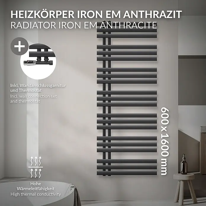 LuxeBath Badheizkörper Design Handtuchheizkörper Handtuchwärmer mit Eckform Thermostatventil - B x H: 60 x 160 mm, Anthrazit - Vertikaler Anthrazit-Heizkörper (600x1600 mm) mit Wandanschlussgarnitur und Thermostat, in einem Badezimmer für hohe Wärmeleitfähigkeit.