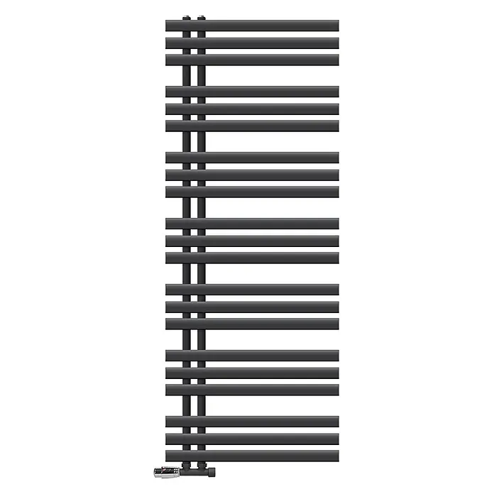 LuxeBath Badheizkörper Design Handtuchheizkörper Handtuchwärmer mit Eckform Thermostatventil - B x H: 60 x 160 mm, Anthrazit - Dunkelgrauer Badheizkörper aus Anthrazitmetall mit horizontalen Stangen und vertikalen Kollektoren, unten mit Thermostatventil.