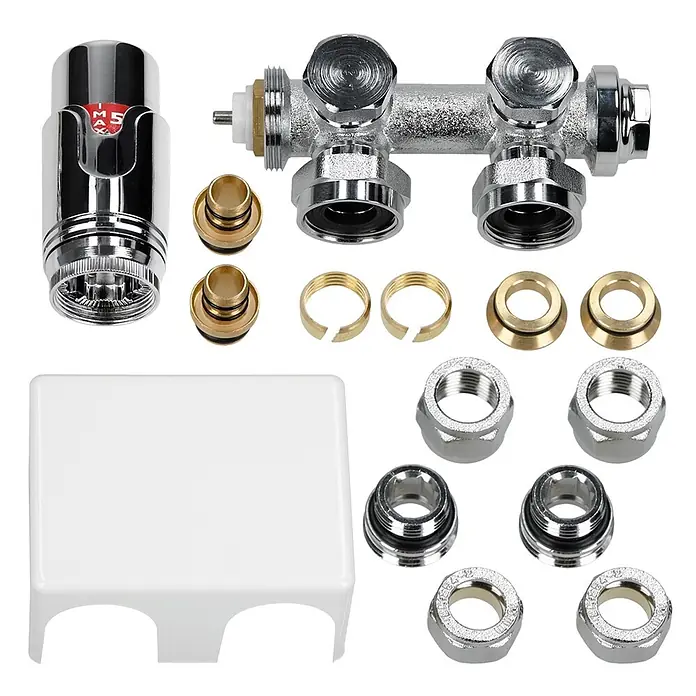 LuxeBath Badheizkörper Badheizkörper einlagig 480x1800 mm Mittelanschluss Weiß 900 W - Weiß - Verchromter Thermostat-Heizkörperventil-Satz mit Messingbeschlägen und weißer Kunststoffabdeckung.