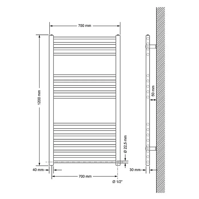 LuxeBath Elektro-Badheizkörper Handtuchwärmer mit Heizstab 750x1200 mm gerade Anthrazit 1200W -  - Technisches Diagramm eines Handtuchwärmer-Heizkörpers, 1200 mm hoch und 750 mm breit, mit detaillierten Abmessungen.