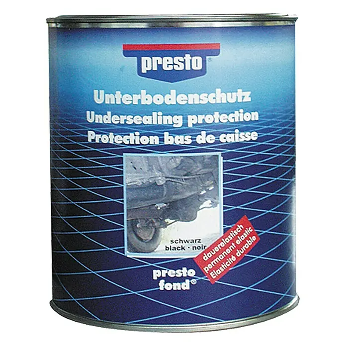 Presto Unterbodenschutz - 2,5 kg - Dose Presto Unterbodenschutz, ein Unterbodenschutz für Autos, der dauerelastisch und in Schwarz erhältlich ist.