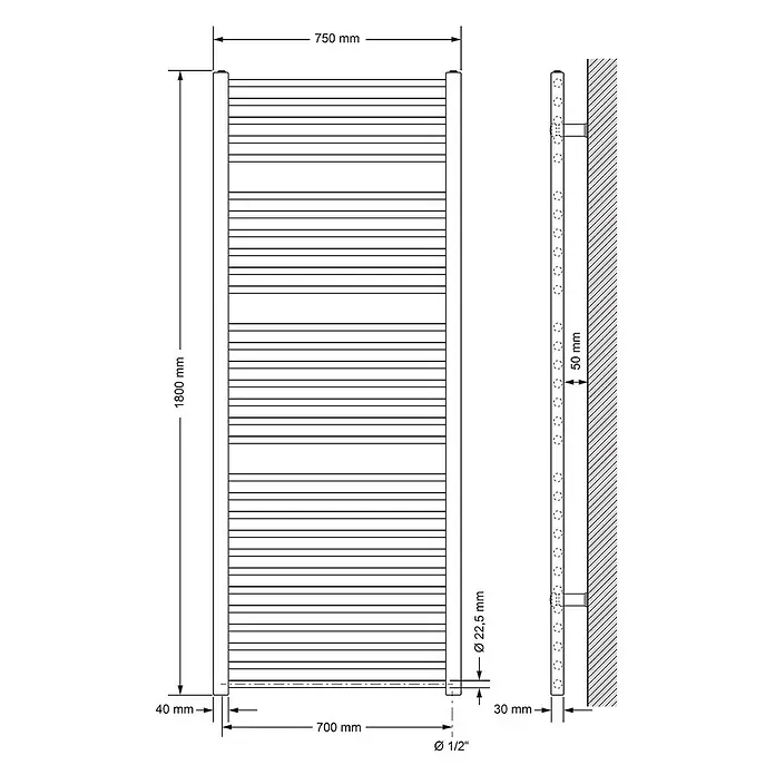LuxeBath Badheizkörper Design Handtuchheizkörper Handtuchwärmer Seitenanschluss gerade 950 W - Anthrazit - Technisches Zeichnungsbild eines wandmontierten Handtuchwärmers, 1800x750mm, mit horizontalen Stangen und 1/2" Anschluss.