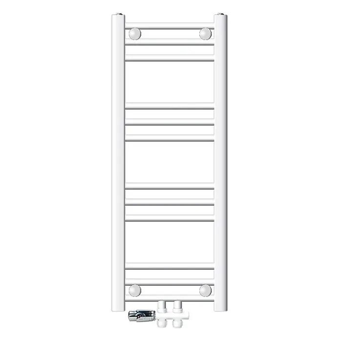 LuxeBath Badheizkörper Handtuchwärmer Mittelanschluss gerade mit Boden Thermostatventil - Weiß - Weißer Handtuchwärmer im Leiterstil mit horizontalen Stangen und Bodenventilbaugruppe.