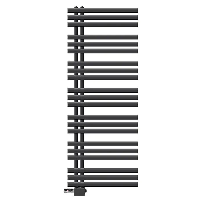 LuxeBath Badheizkörper Handtuchheizkörper Handtuchwärmer mit Universal Thermostatventil - B x H: 60 x 160 mm, Anthrazit - Anthrazitfarbener Handtuchheizkörper mit horizontalen Stäben, vertikalen Sammelrohren und einem unteren Ventil.